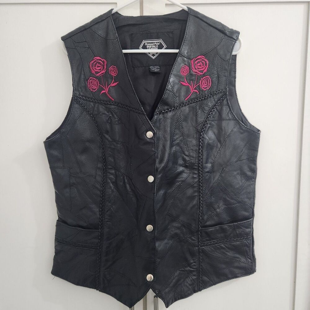 Diamond Plate Buffalo Leather Womens XL Bike Moto Black Vest Rose Embroidery